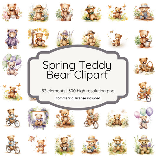 Spring Teddy Bear Clipart | 52 PNG Images | 300 DPI Transparent Background | Cute Watercolor Bear Illustrations for Scrapbooking, Stickers & Sublimation