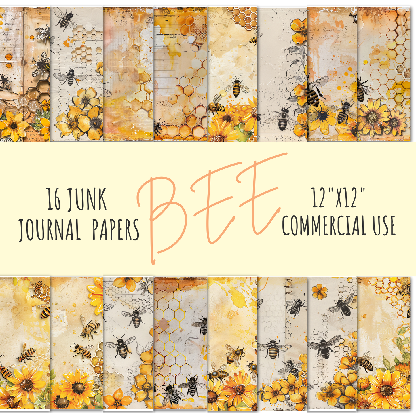 Digital Bee Junk Journal Paper | 16 Pages | 12x12" 300 DPI | Vintage Honeycomb & Floral Scrapbook Paper for Journaling & Crafts