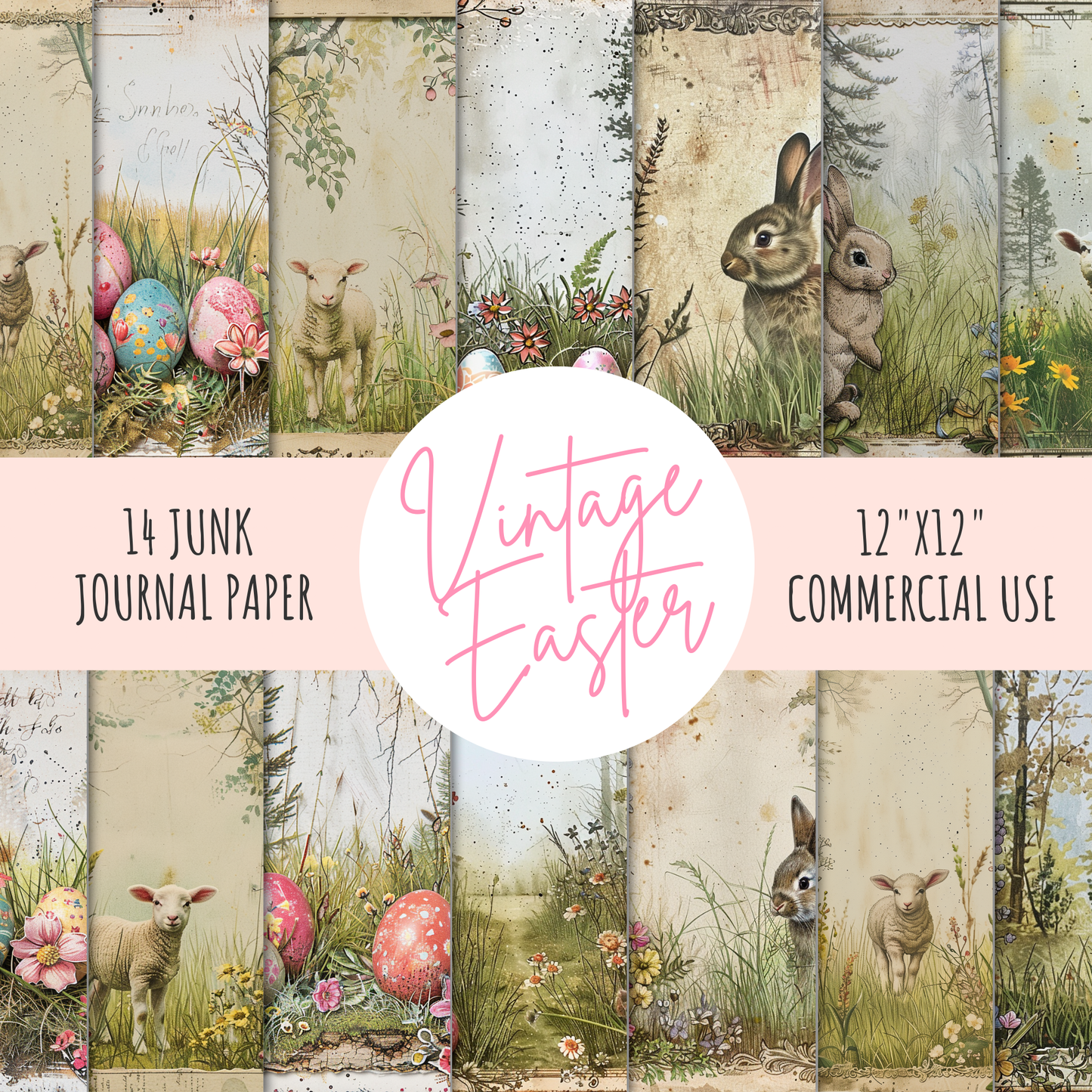 Digital Vintage Easter Junk Journal Paper | 14 Pages | 12x12" 300 DPI | Printable Scrapbook Paper with Bunnies, Eggs & Florals