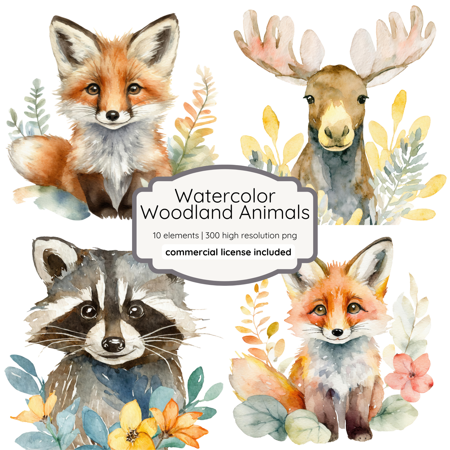 Watercolor Woodland Animals Clipart | 10 PNG | 300 DPI | Raccoon, Fox, Moose | Forest Animal Illustrations for Nursery, Crafts & Sublimation