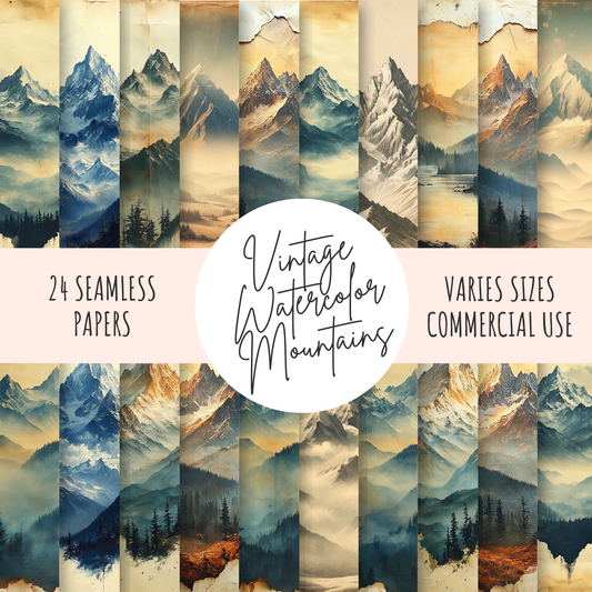 Vintage Watercolor Mountains Junk Journal Paper – 24 Printable Pages, 300 DPI Backgrounds for Scrapbooking, Collage, DIY Crafts & Journals