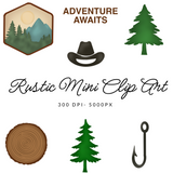 Rustic Clipart Mini Set, Adventure Awaits, Log, Pine Tree, Mountain, Fishing Hook, Cowboy Hat, Instant Digital Download