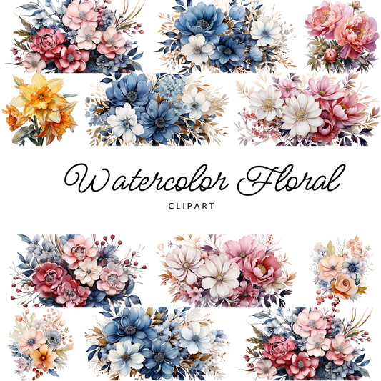 Watercolor Floral Clipart | 26 PNG Images | 300 DPI Transparent Background | Hand-Painted Flowers & Leaves for Wedding Invitations, Sublimation & Crafts