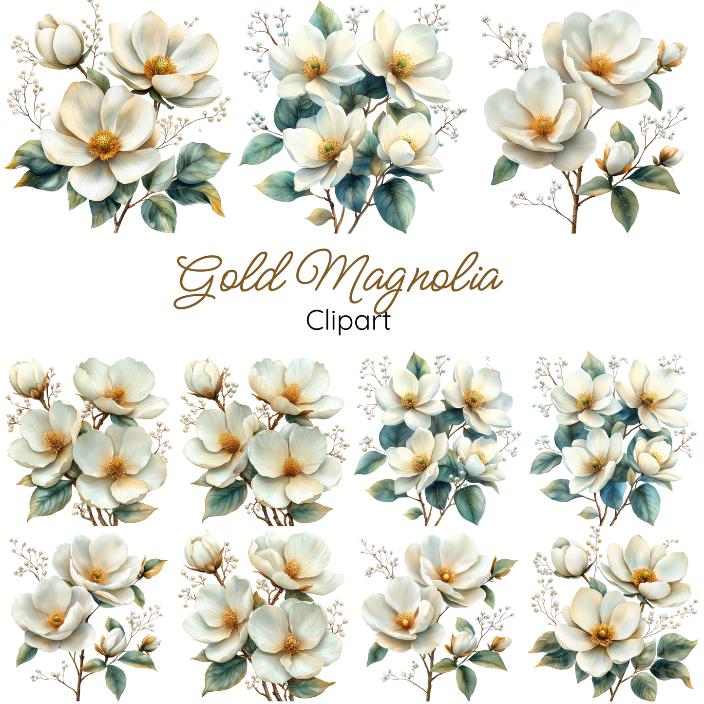 Gold Magnolia Floral clipart, White Flowers PNG Set, Wedding Invitation clip art, Magnolia Glam Garden Bridal Shower Sublimation Bundle