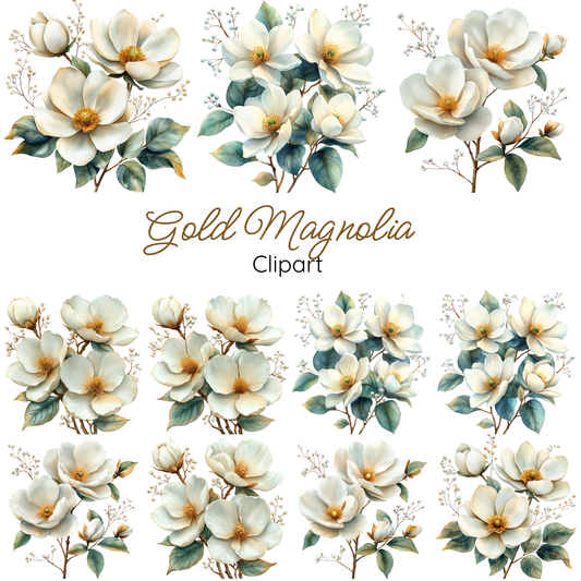 Gold Magnolia Floral clipart, White Flowers PNG Set, Wedding Invitation clip art, Magnolia Glam Garden Bridal Shower Sublimation Bundle