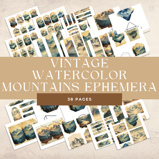 Vintage Watercolor Mountains Junk Journal Ephemera Kit – 36 Pages of Printable Tags, Envelopes, Pockets, Labels, Bookmarks & Scrapbooking Decor