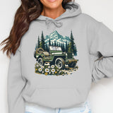 Vintage Jeep Mountain Graphic Hoodie, Retro Off-Road Adventure Pullover, Nature Scenery Print Sweatshirt, Unisex Outdoor Apparel