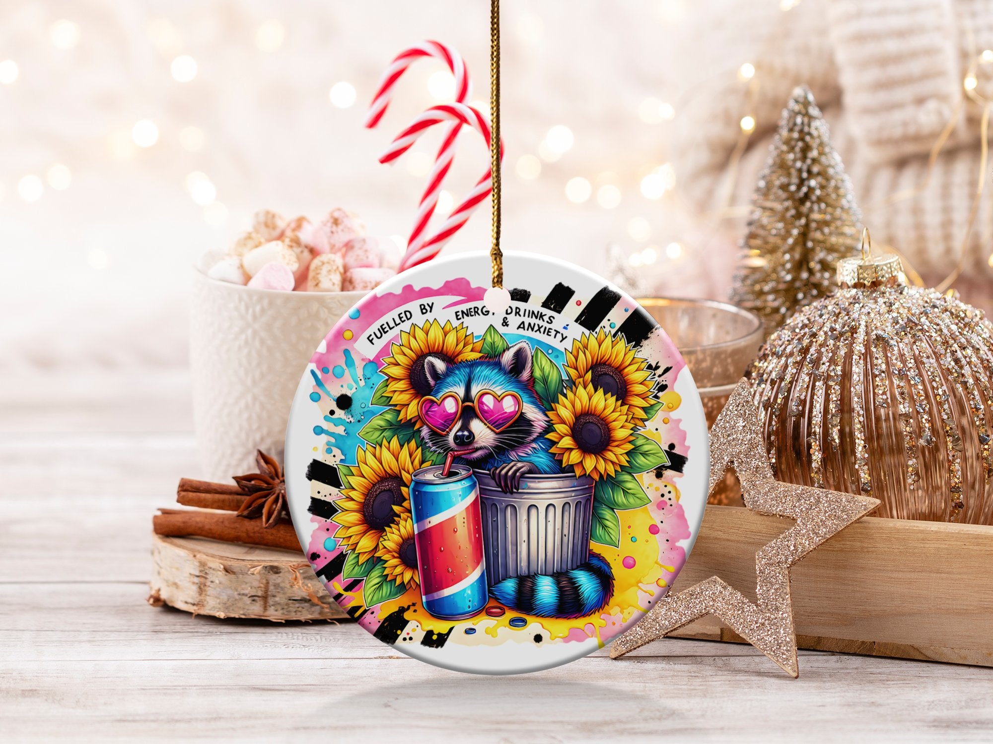 Colorful Beverage Art Ceramic Ornament, Christmas Decoration, Unique Hand-Painted Style Drink Design, Festive Holiday Decor