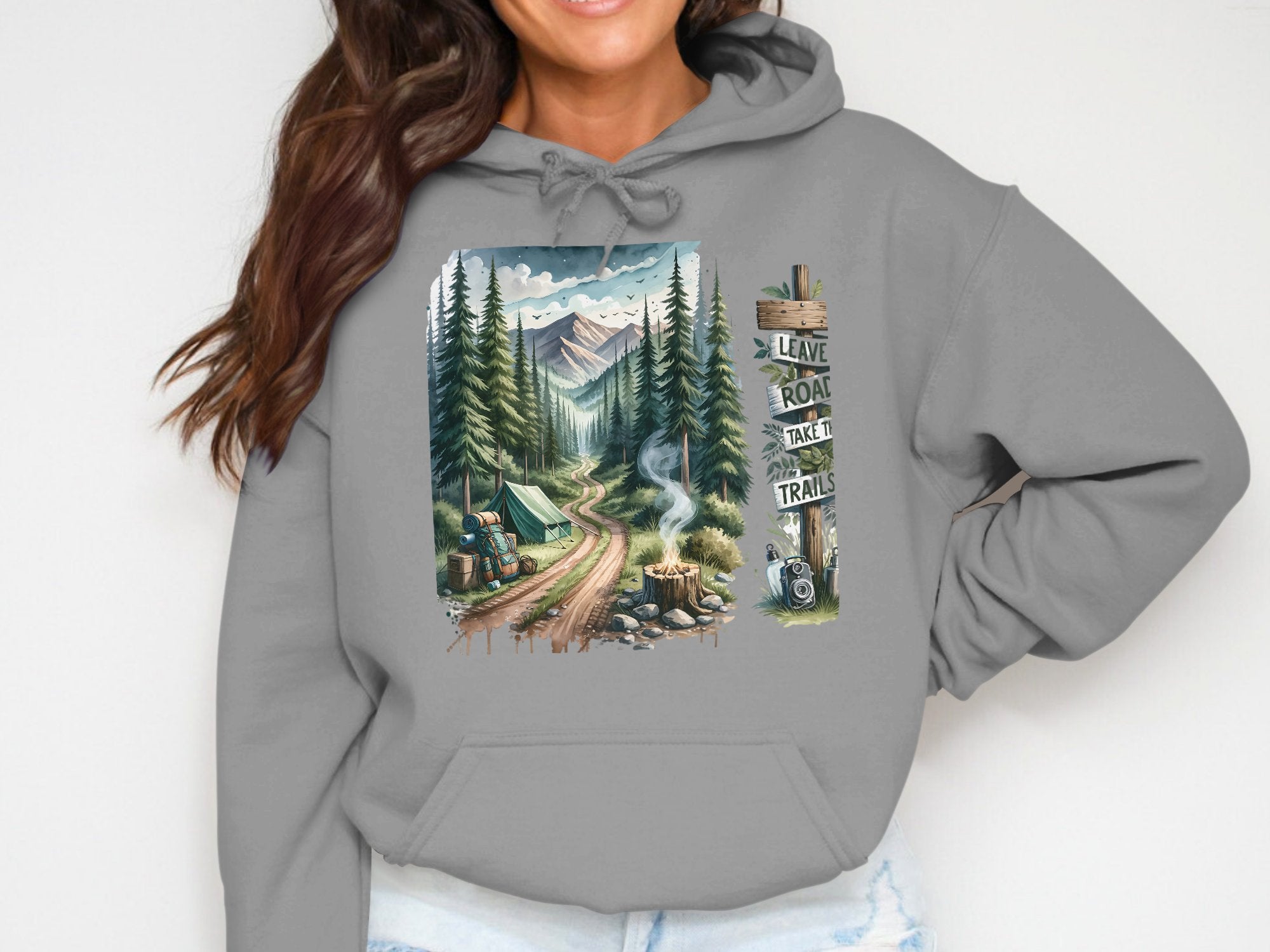 Vintage Camping Graphic Hoodie, Mountain Cabin Print, Cozy Outdoor Unisex Sweatshirt, Nature Lover Gift