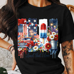Patriotic T-Shirt USA Flag Fireworks Vintage Truck Floral Design Unisex Tee for Fourth of July Celebration