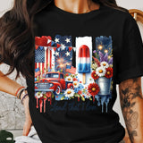 Patriotic T-Shirt USA Flag Fireworks Vintage Truck Floral Design Unisex Tee for Fourth of July Celebration