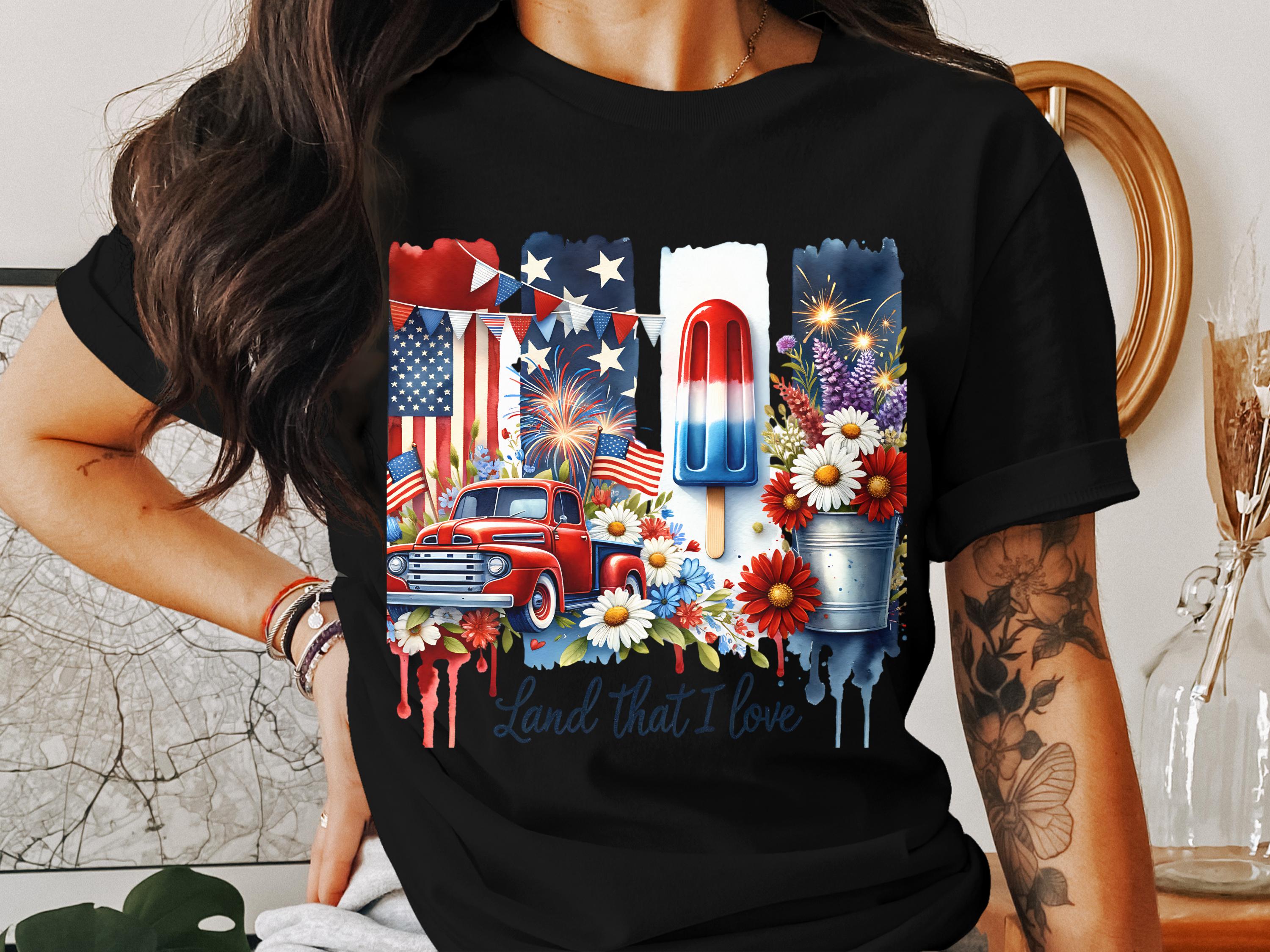 Patriotic T-Shirt USA Flag Fireworks Vintage Truck Floral Design Unisex Tee for Fourth of July Celebration