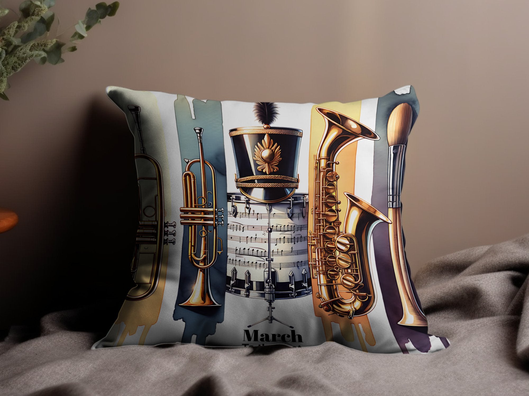 Marching Band Instruments Decorative Pillow Cover, Trumpet Saxophone Design, Music Themed Home Decor