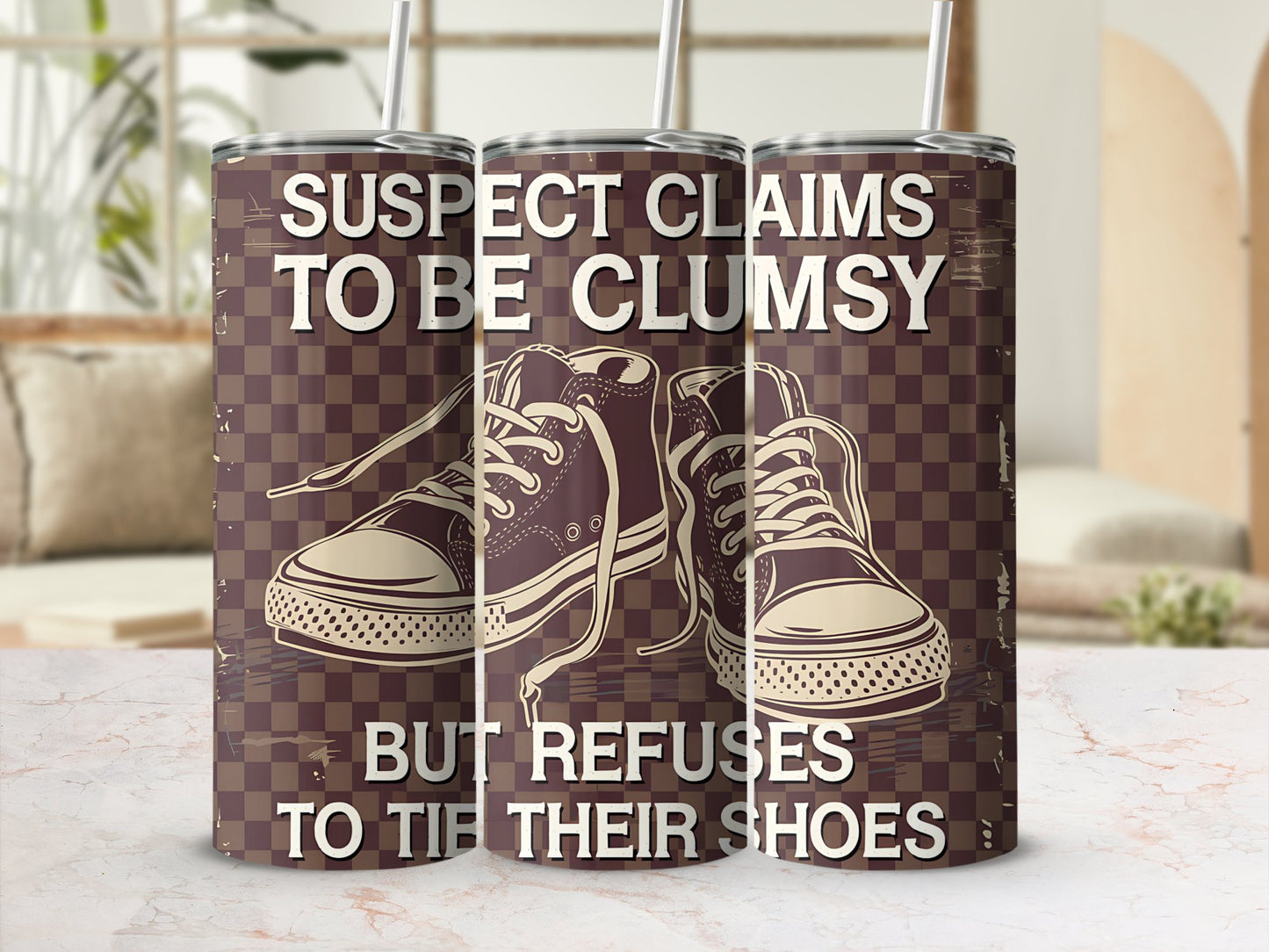 Suspect Claims to Be Clumsy Tumbler Wrap, Funny 20oz Skinny Tumbler PNG, Retro Sneaker Design, Sublimation Wrap, Digital Download