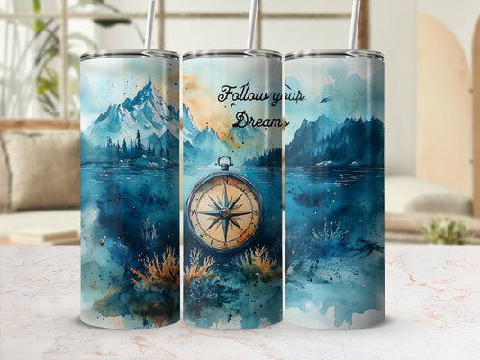 Compass with Mountains Range Tumbler Wrap, Adventure Follow Your Dreams 20oz Sublimation Tumbler Design, Travel Nautical Wanderlust Instant Download PNG