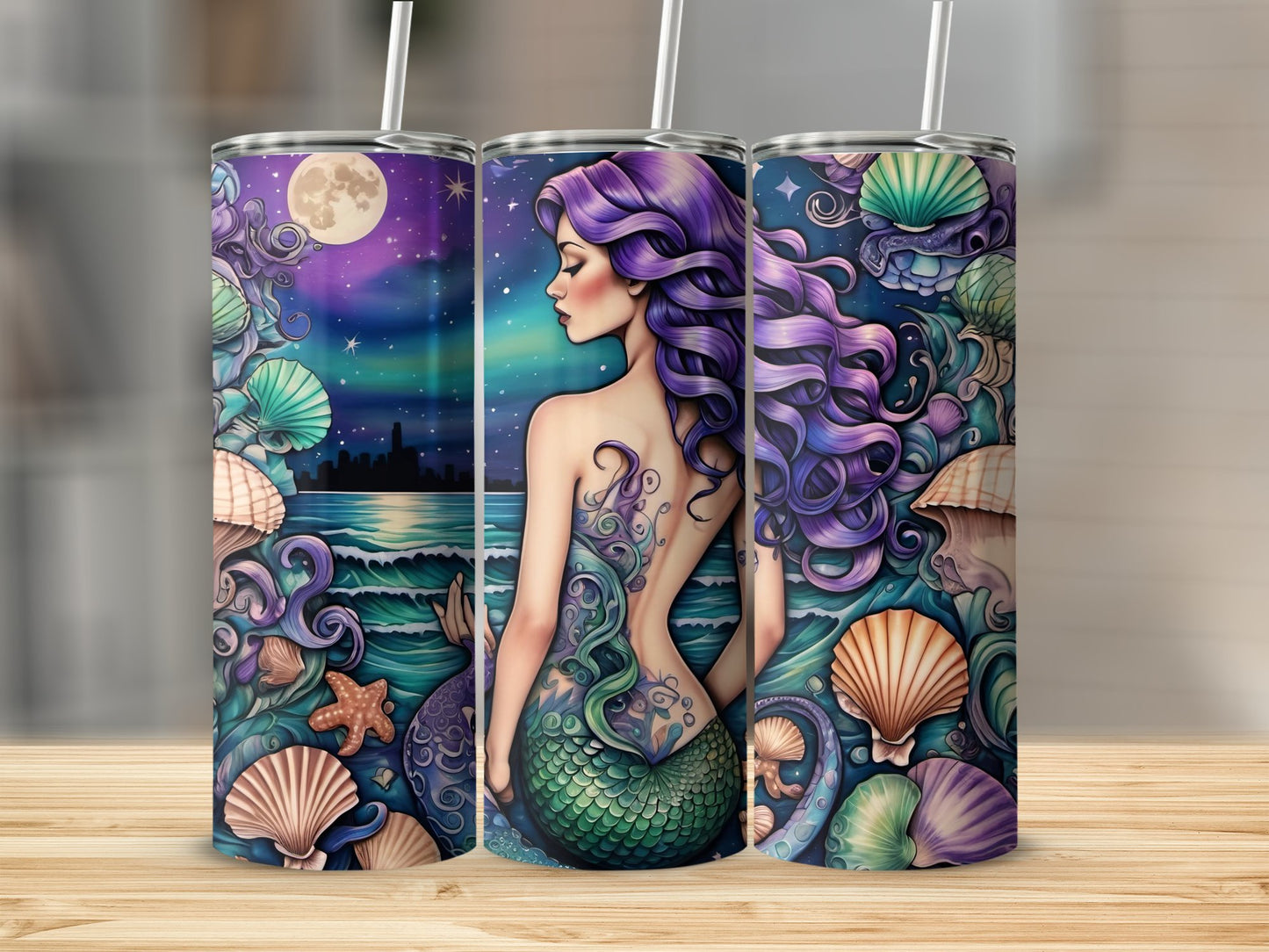 Sea witch Tumbler Wrap, Dark Siren Ocean 20 oz Skinny Sublimation Tumbler Design, Night Beach Seashell Mermaid Scale Tumbler Wrap