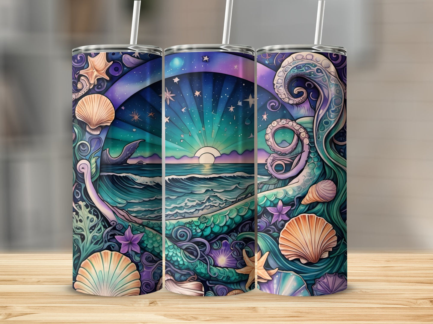 Sea witch Tumbler Wrap, Dark Siren Ocean 20 oz Skinny Sublimation Tumbler Design, Night Beach Seashell Mermaid Scale Tumbler Wrap