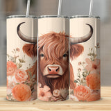 Highland Cow Tumbler Wrap PNG, Peach Floral Cow 20oz Skinny Tumbler Sublimation Design, Western Farmhouse Sublimation, Digital Download
