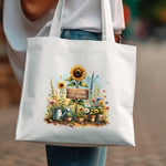 Floral Tote Bag, Sunflower and Cactus Print, Keep Going Keep Growing, Eco-Friendly Cotton Canvas Bag, Boho Style Shopping Tote