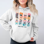 Women's Graphic Hoodie with Colorful Retro Design, Good Vibes Only, Floral and Cassette Print Sweatshirt