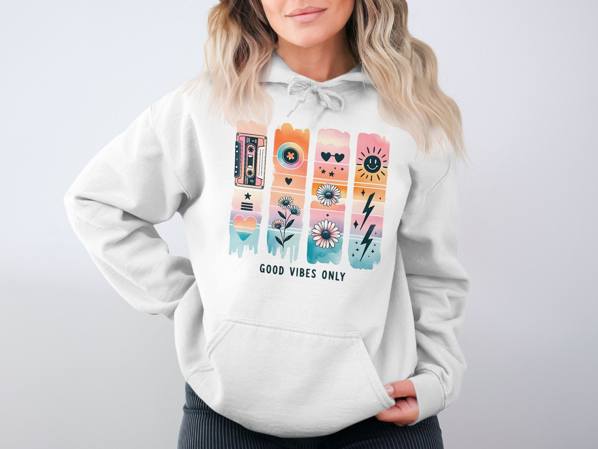 Women's Graphic Hoodie with Colorful Retro Design, Good Vibes Only, Floral and Cassette Print Sweatshirt