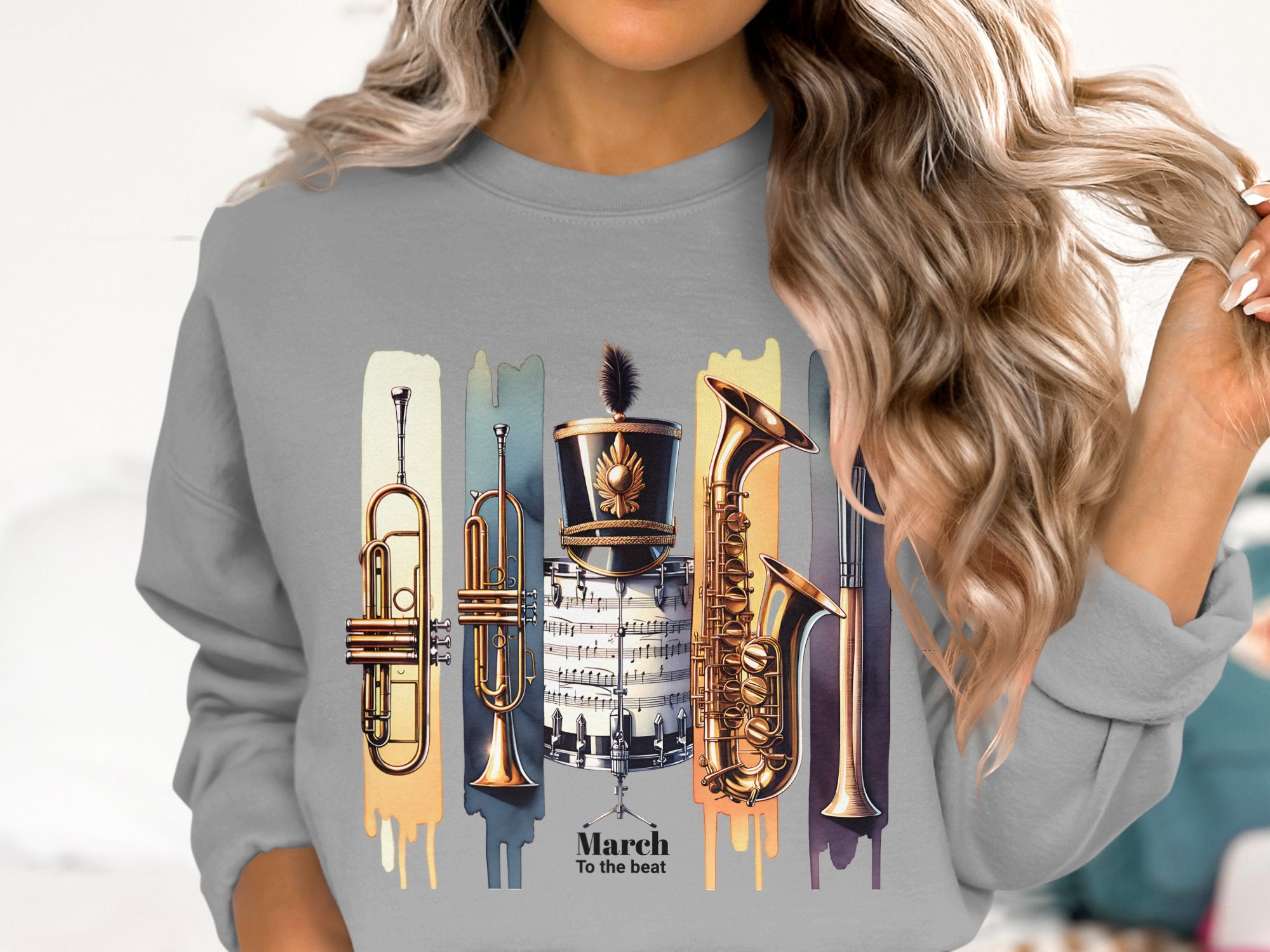 Marching Band Instruments Graphic Sweatshirt, Colorful Brass Music Theme, Casual Pullover, Unisex Fit