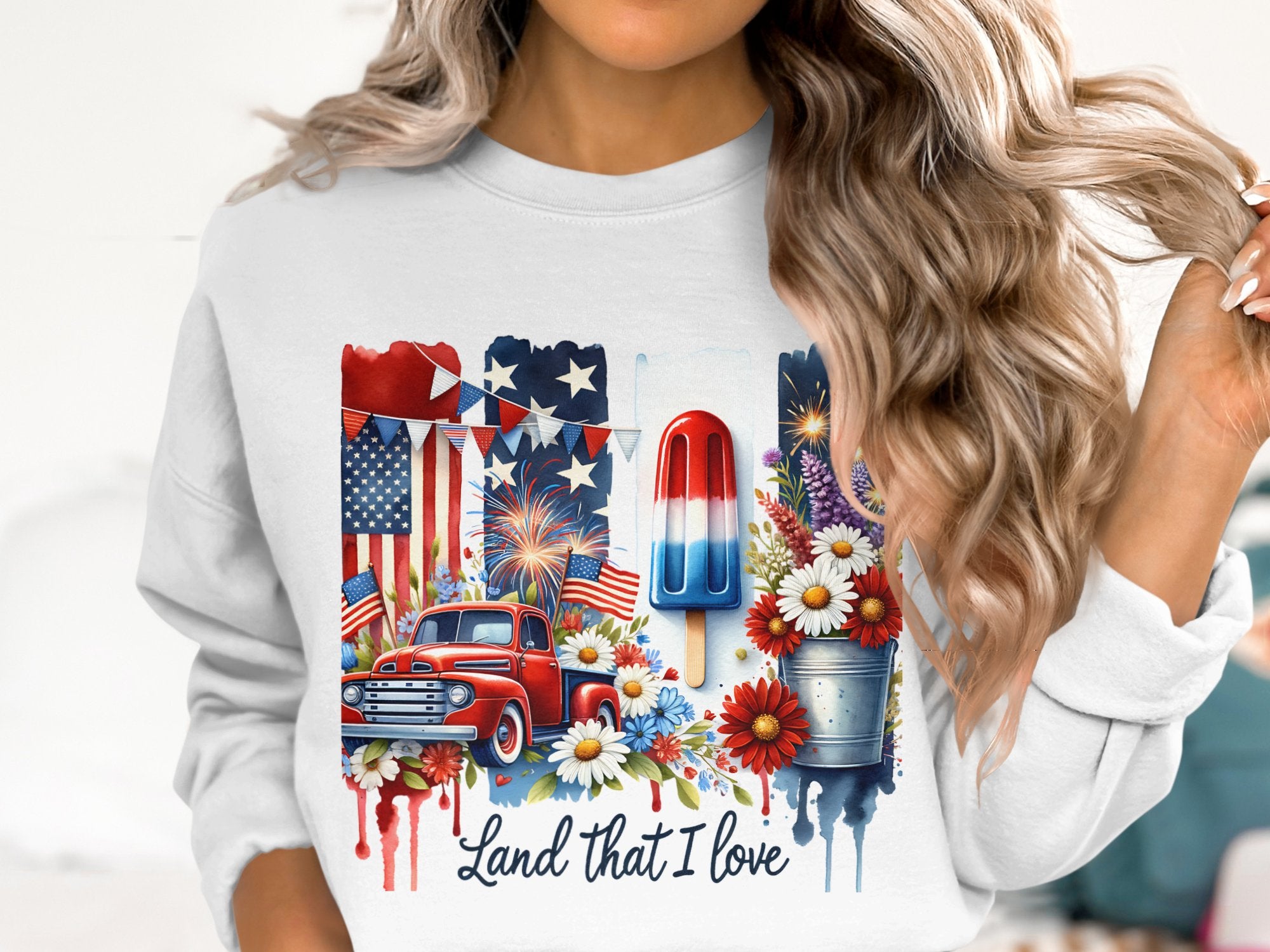 Patriotic Sweatshirt USA Flag, Vintage Truck, Fireworks Print, Fourth of July Women's Top