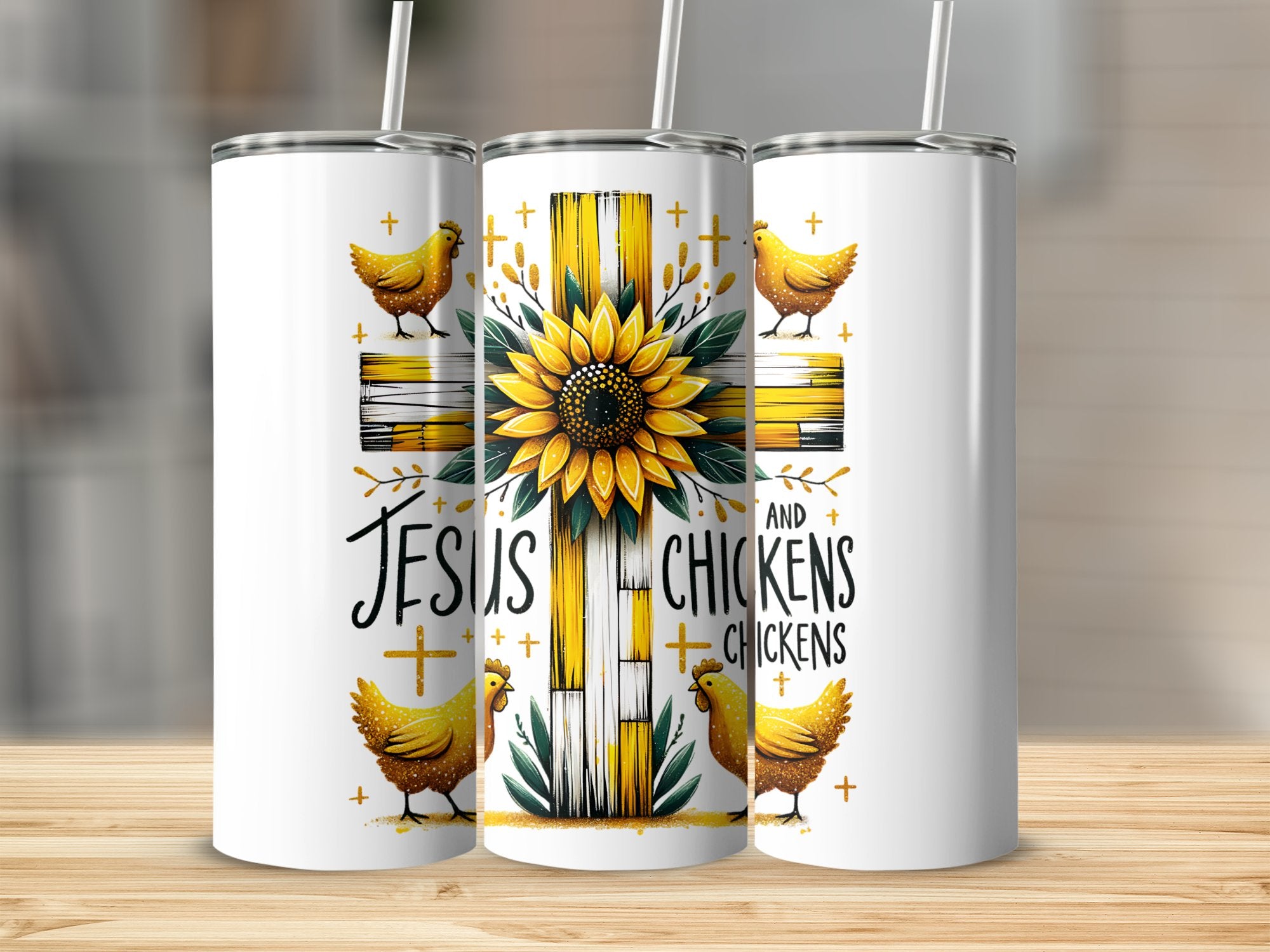 Sunflower Jesus and Chickens Tumbler Set, Religious Insulated Drinkware, Stainless Steel Travel Mugs