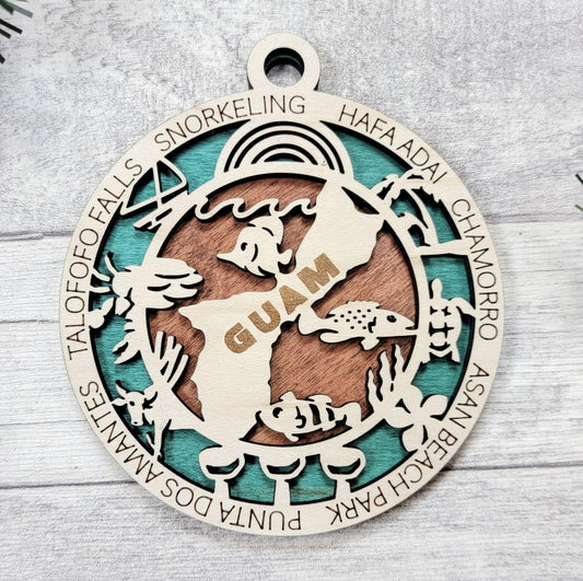 Guam Ornament – 3.25” Round Laser Cut Island Scene Christmas Decoration | Guam Souvenir Gift for Ocean Lovers, Chamorro Culture Fans & World Travelers