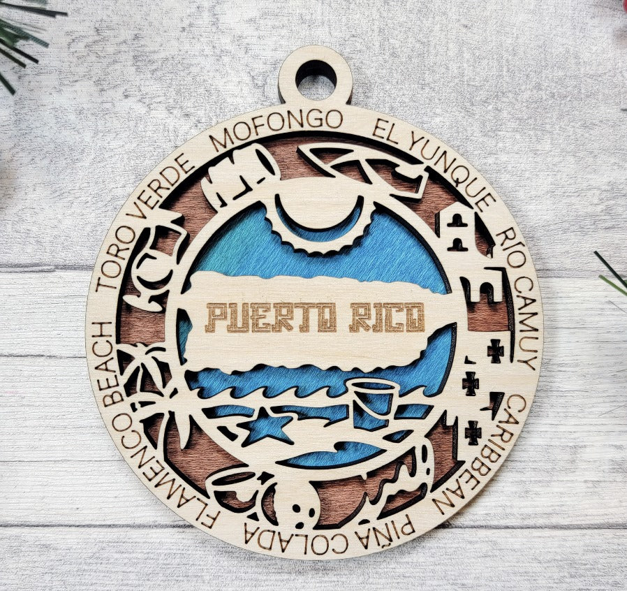 Puerto Rico Wooden Ornament – Caribbean Island Decor with Beaches & Icons