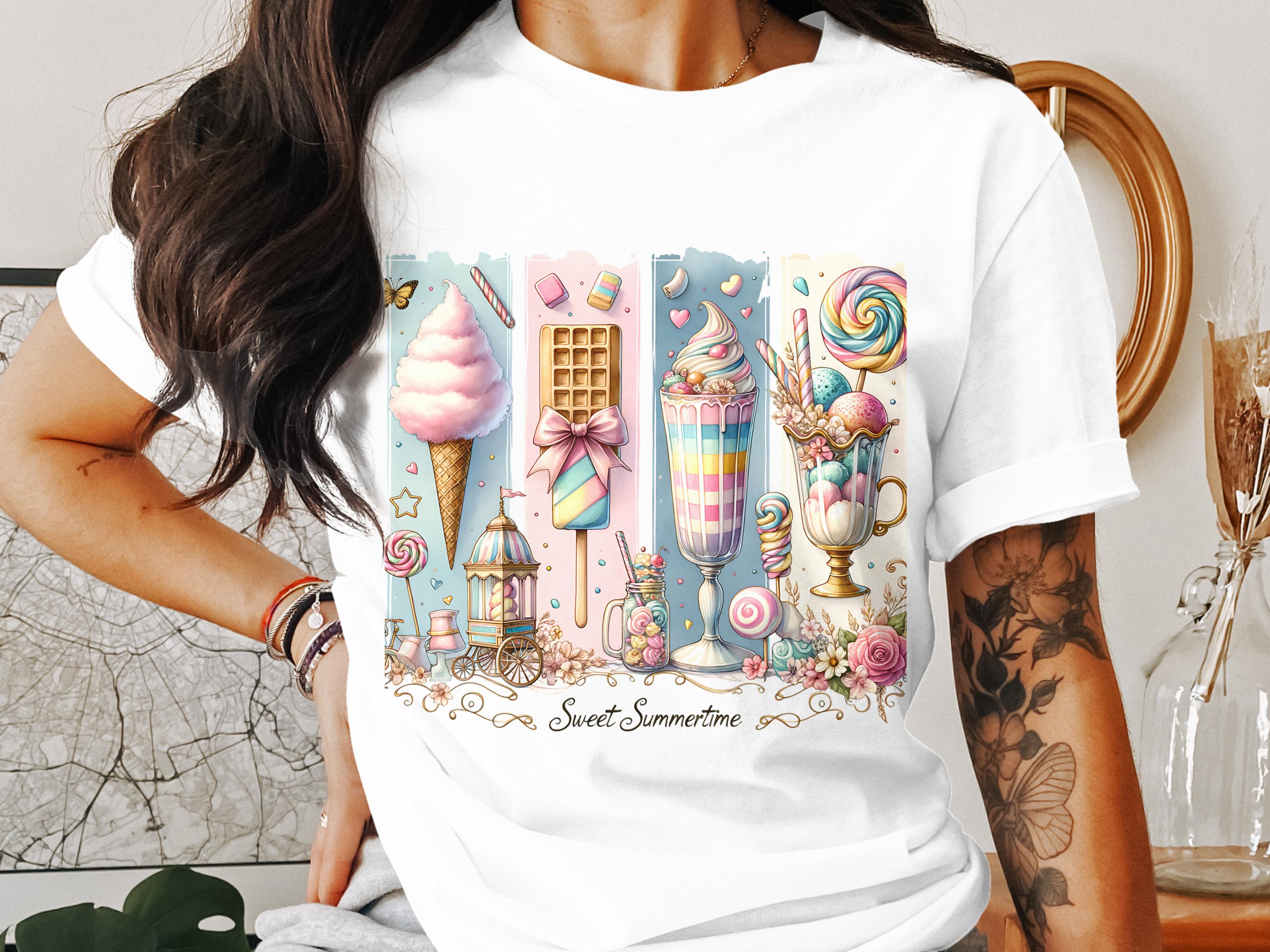 Women's Summer T-Shirt with Colorful Candy and Ice Cream Print, Casual Cotton Tee