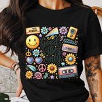 Good Vibes Only Retro Graphic T-Shirt, Vintage 90s Tee, Women's Casual Tee with Colorful Symbols, Summer Festival Outfit