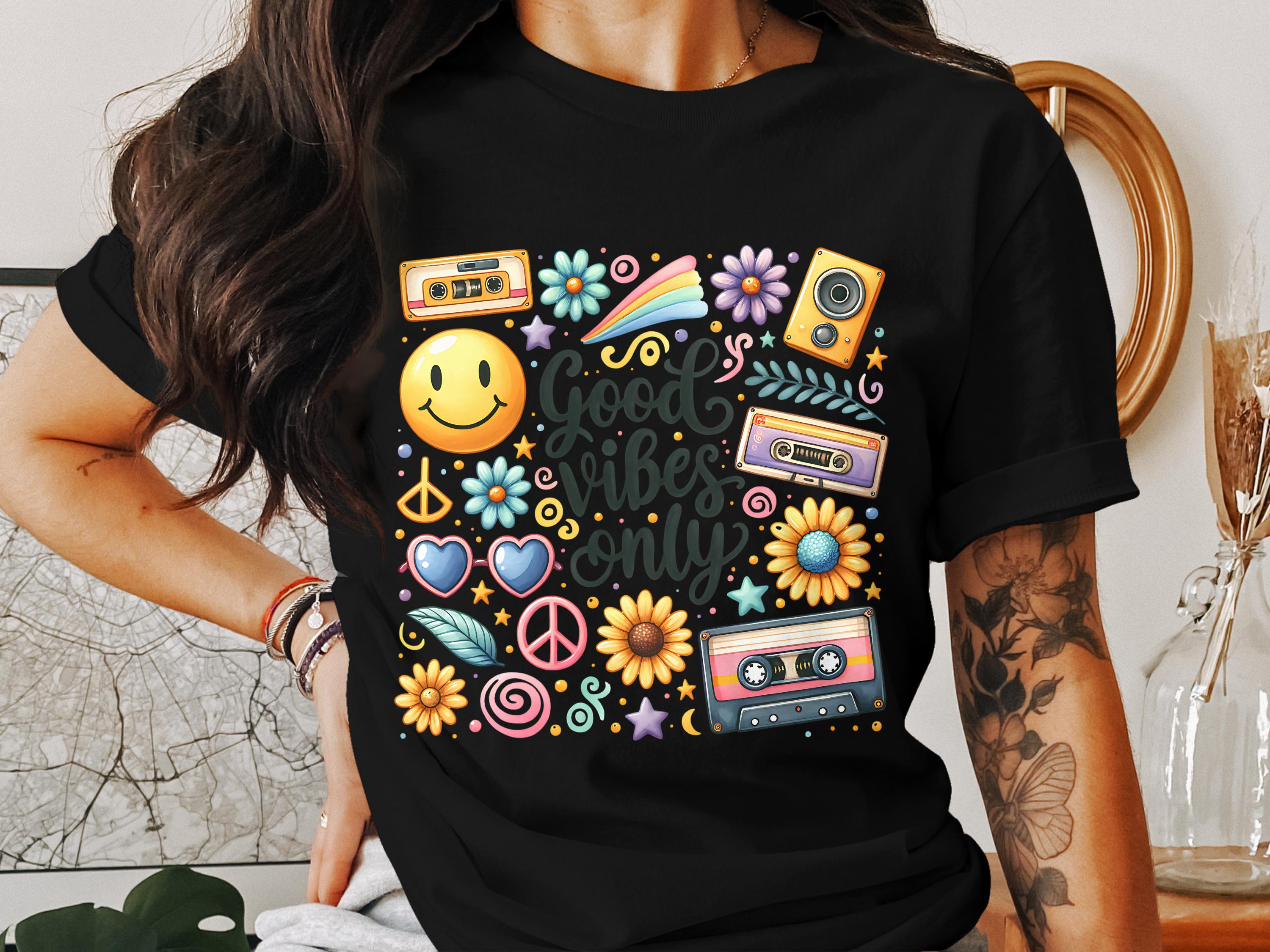 Good Vibes Only Retro Graphic T-Shirt, Vintage 90s Tee, Women's Casual Tee with Colorful Symbols, Summer Festival Outfit
