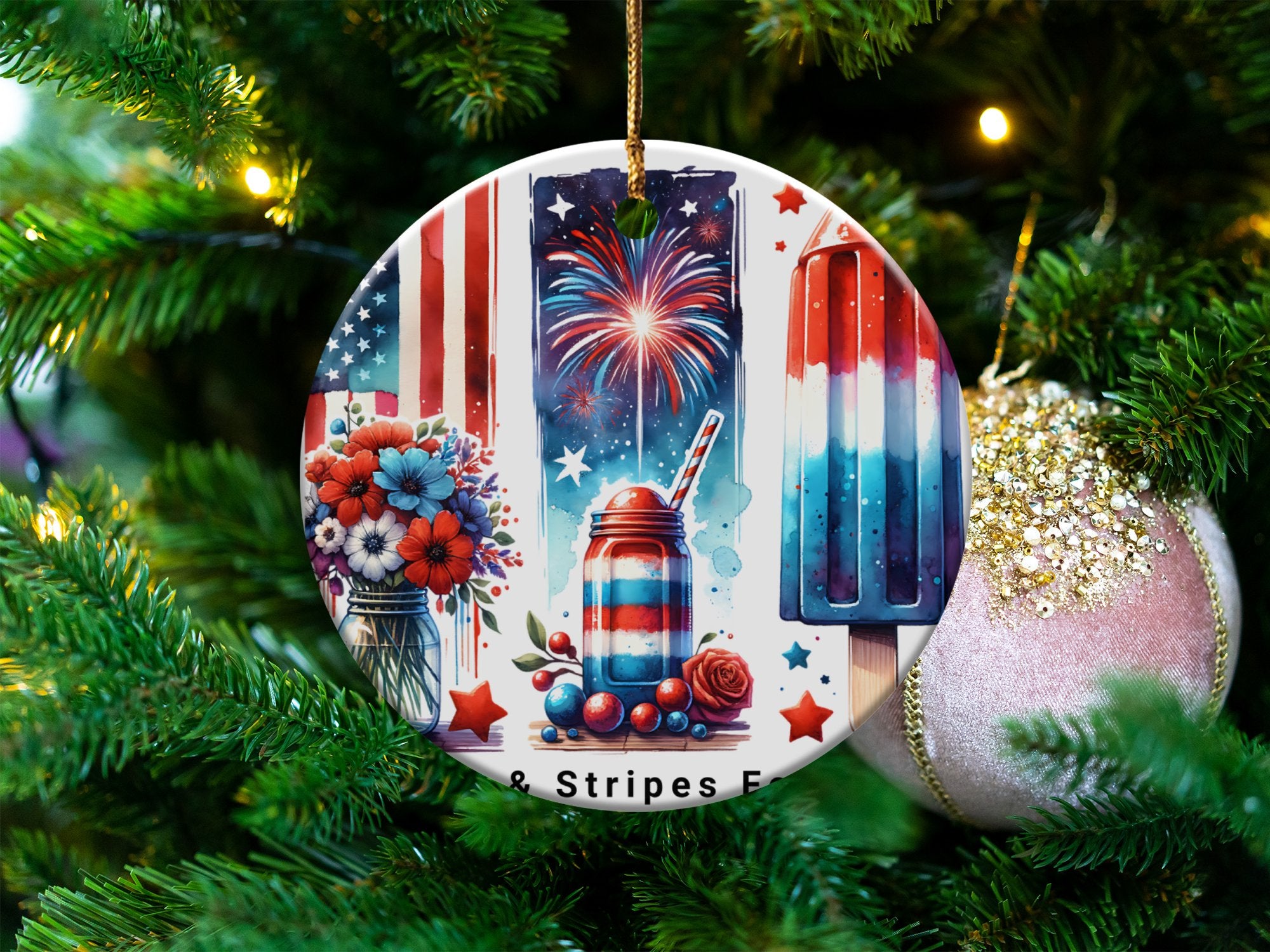 Patriotic Christmas Ornament, American Flag Design, Firework and Floral Circular Decoration
