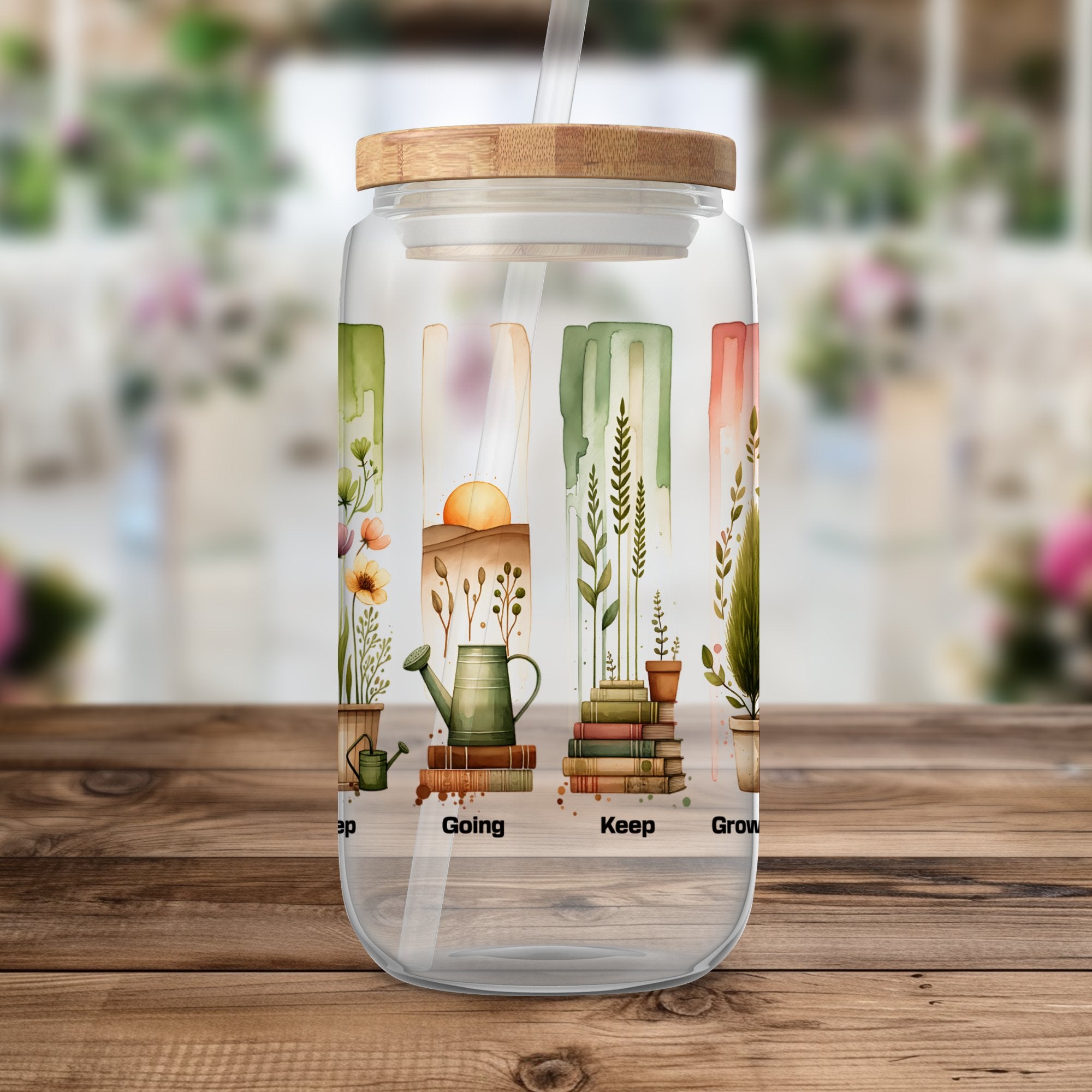 Clear Glass Water Bottle, Reusable Drink Container, Eco-Friendly, Illustrated Plants and Books Design, Unique Gift Idea