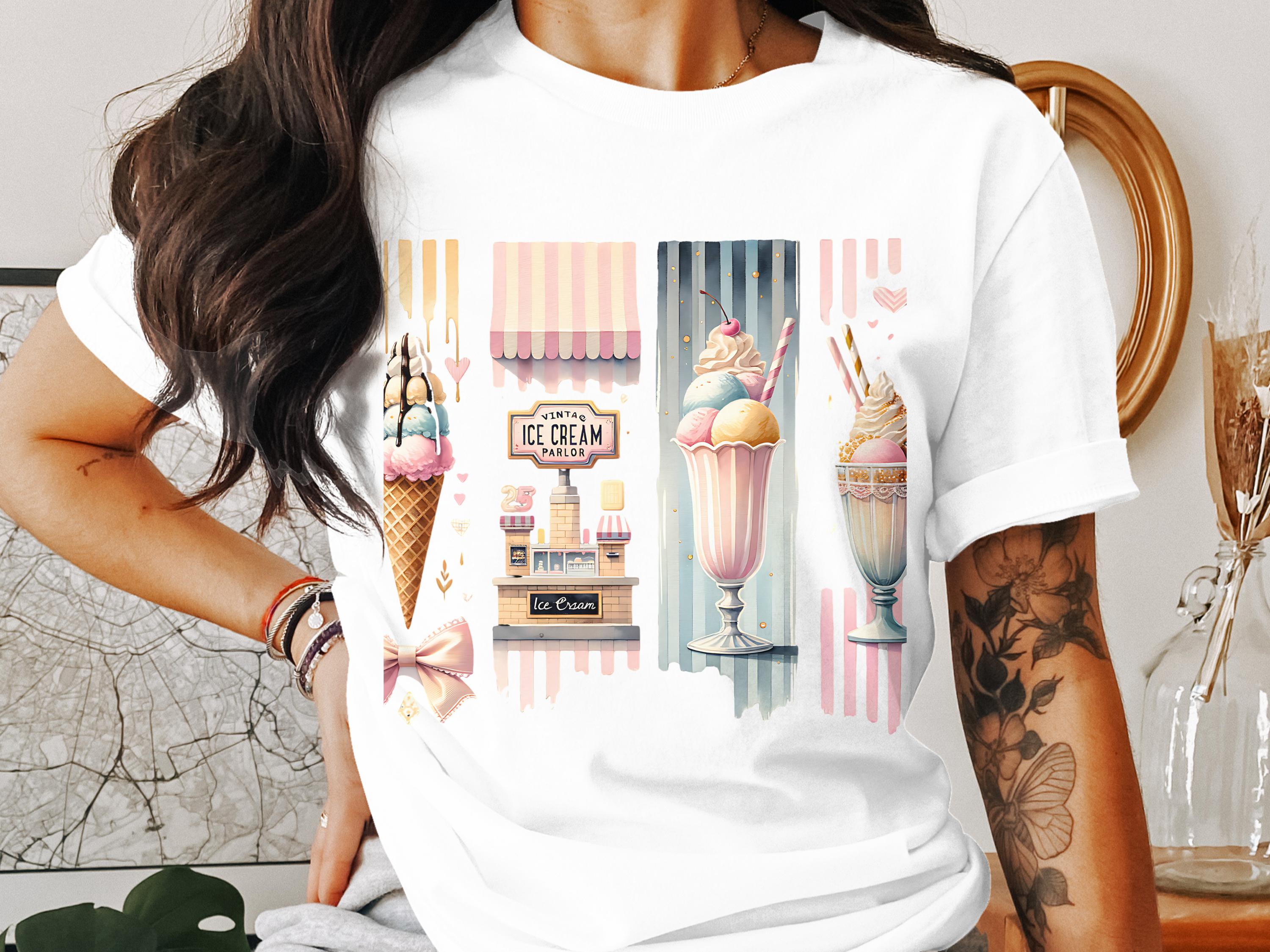 Women's Ice Cream Graphic T-Shirt, Colorful Summer Dessert Print Tee, Casual Fashion Top for Food Lovers