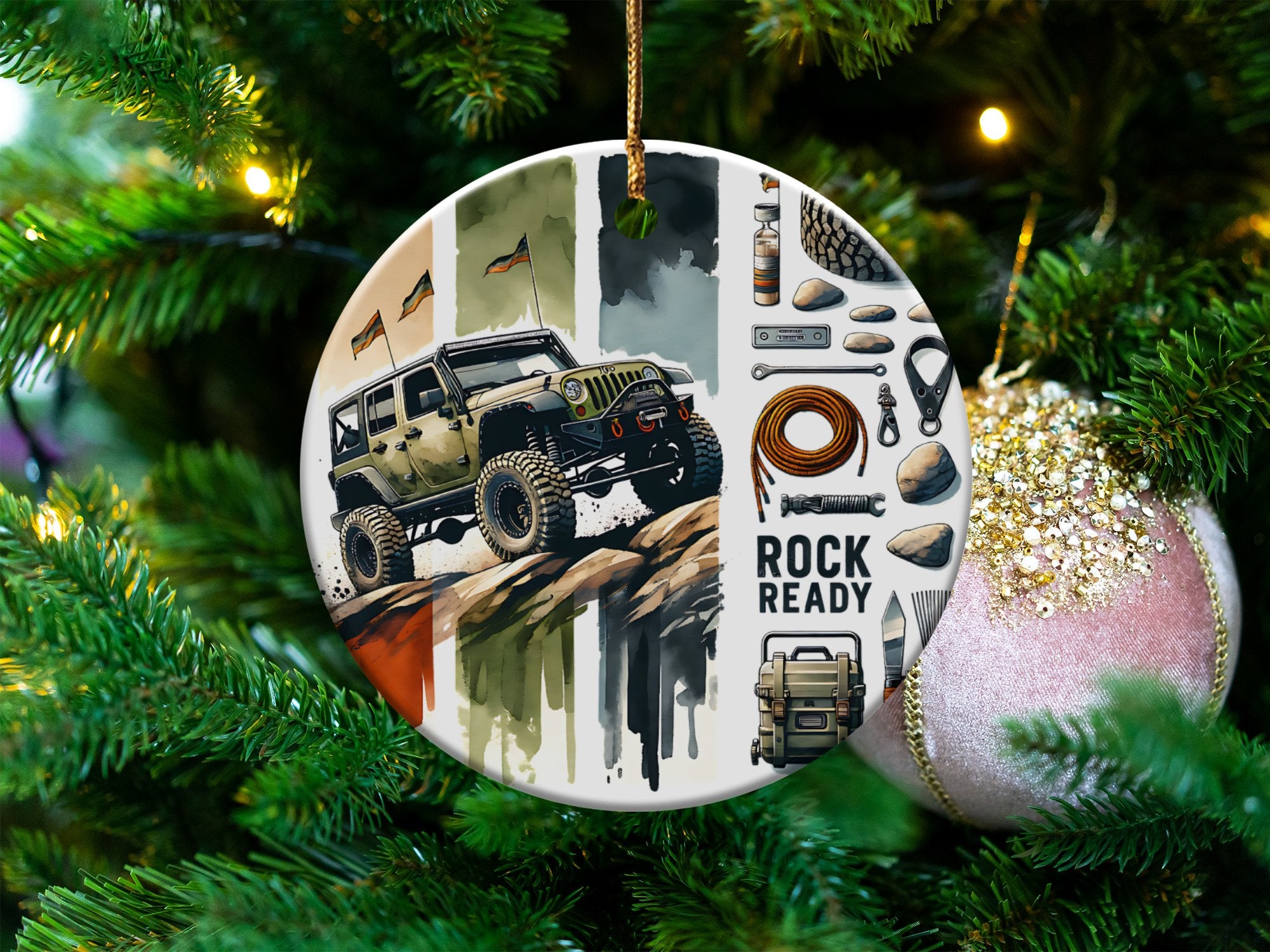 Off-Road Jeep Adventure Ceramic Ornament, Rock Ready 4x4 Vehicle Christmas Tree Decoration, Holiday Decor Gift