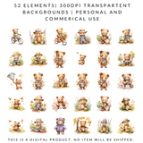 Spring Teddy Bear Clipart | 52 PNG Images | 300 DPI Transparent Background | Cute Watercolor Bear Illustrations for Scrapbooking, Stickers & Sublimation