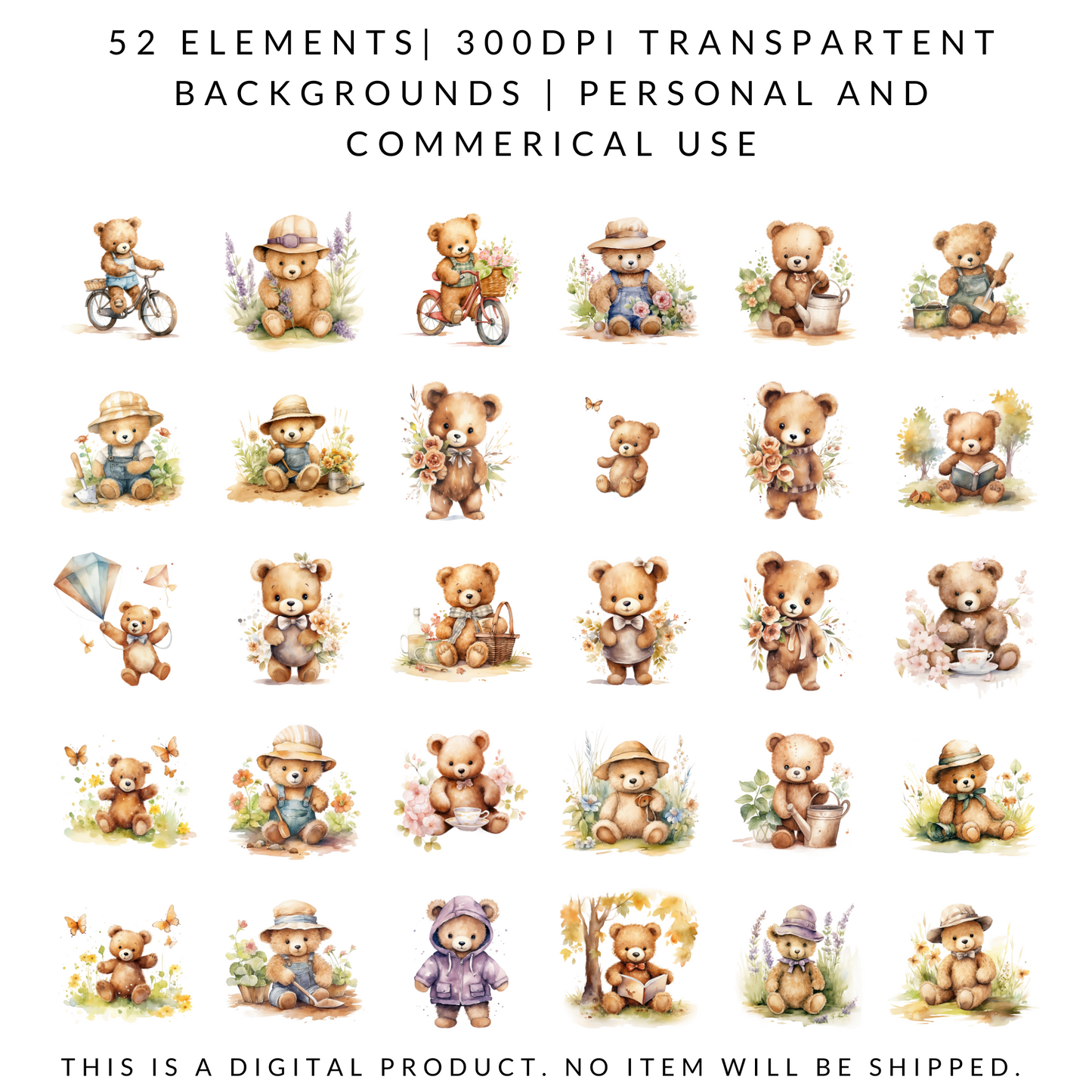 Spring Teddy Bear Clipart | 52 PNG Images | 300 DPI Transparent Background | Cute Watercolor Bear Illustrations for Scrapbooking, Stickers & Sublimation