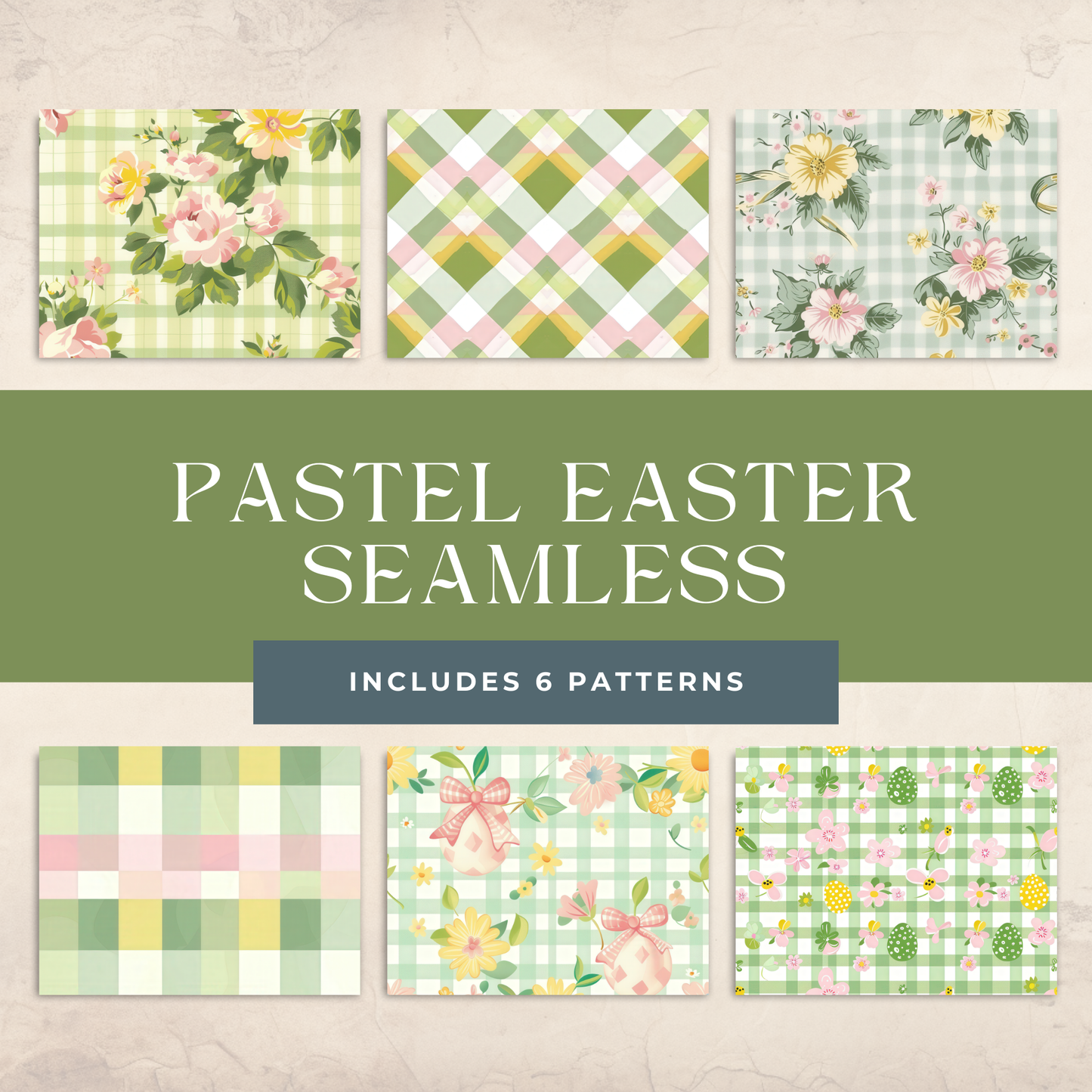 Pastel Easter Seamless Patterns 300 DPI Digital Paper for Fabric Wallpaper Scrapbooking Gingham Floral Bows Spring Printable Design