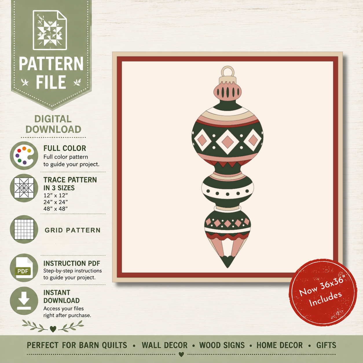 Christmas Keepsake vintage ornament barn quilt pattern featuring geometric Christmas details in forest green, blush pink, brick red, cream, and parchment.