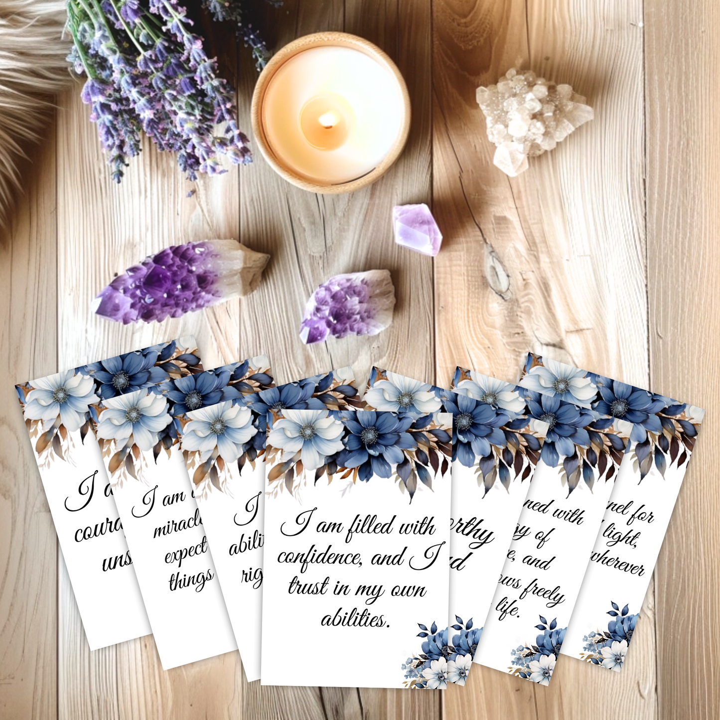 Blue Floral Affirmation Cards | 52 Printable Cards | PDF & PNG | Self-Care, Mindfulness, Motivation & Daily Inspiration