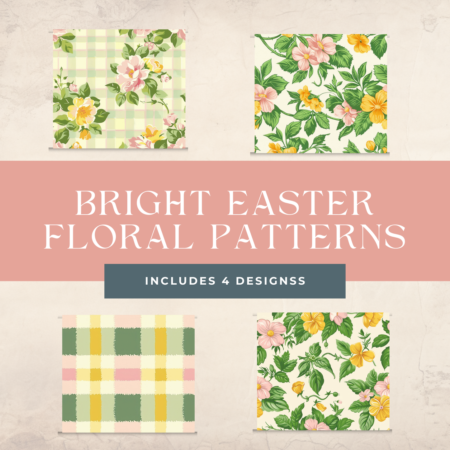 Bright Easter Floral Seamless Patterns 300 DPI Digital Paper for Fabric Wallpaper Scrapbooking Gingham Spring Flowers Printable Design