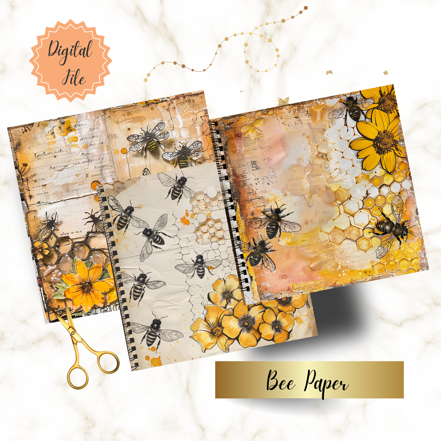 Digital Bee Junk Journal Paper | 16 Pages | 12x12" 300 DPI | Vintage Honeycomb & Floral Scrapbook Paper for Journaling & Crafts