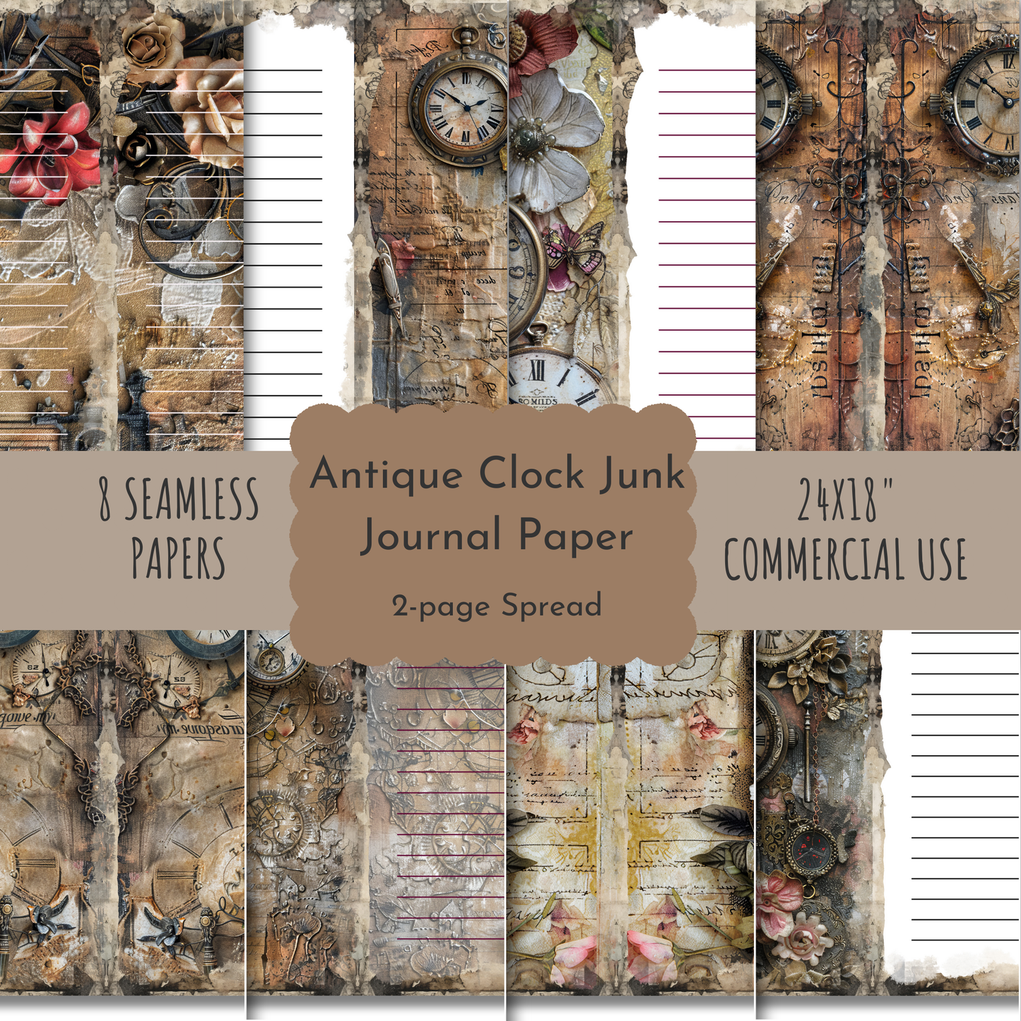 Digital Antique Clock Junk Journal Paper | 16 Pages | Vintage Ephemera, Scrapbook, Collage, Printable Aged Paper for DIY Crafts