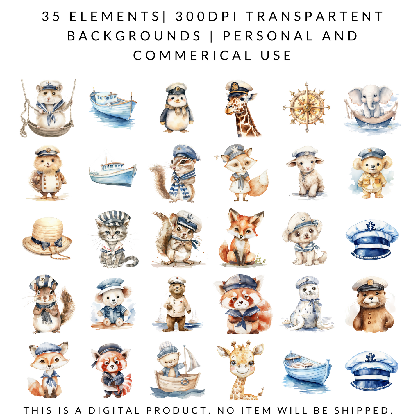 Watercolor Nautical Sailor Animals Clipart | 35 PNG | 300 DPI | Cute Ocean & Sea Animal Illustrations for Baby Shower, Nursery & Crafts