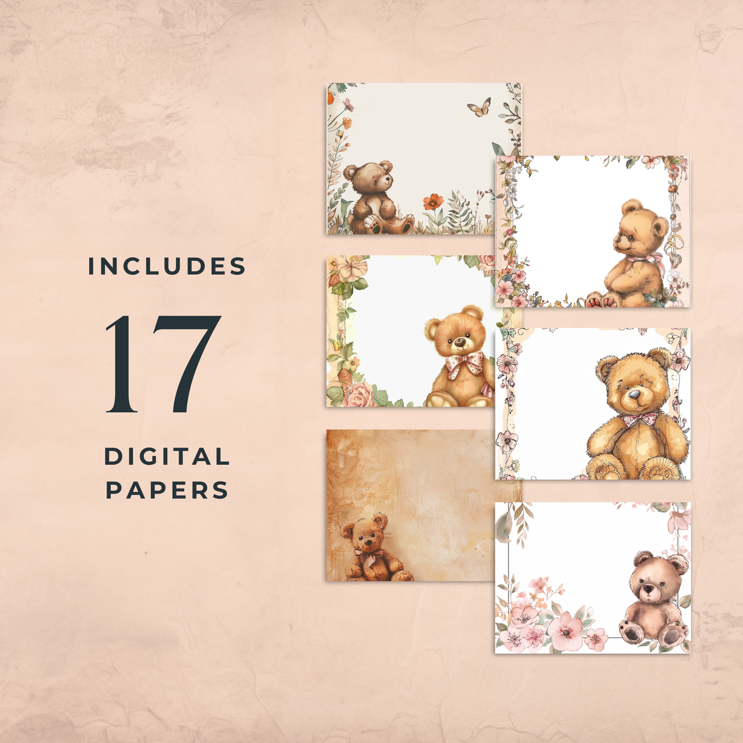 Digital Pastel Bear with Flowers Junk Journal Paper 17 Pages 12x12 Inch 300 DPI Printable Scrapbook Paper for Journaling and Crafts