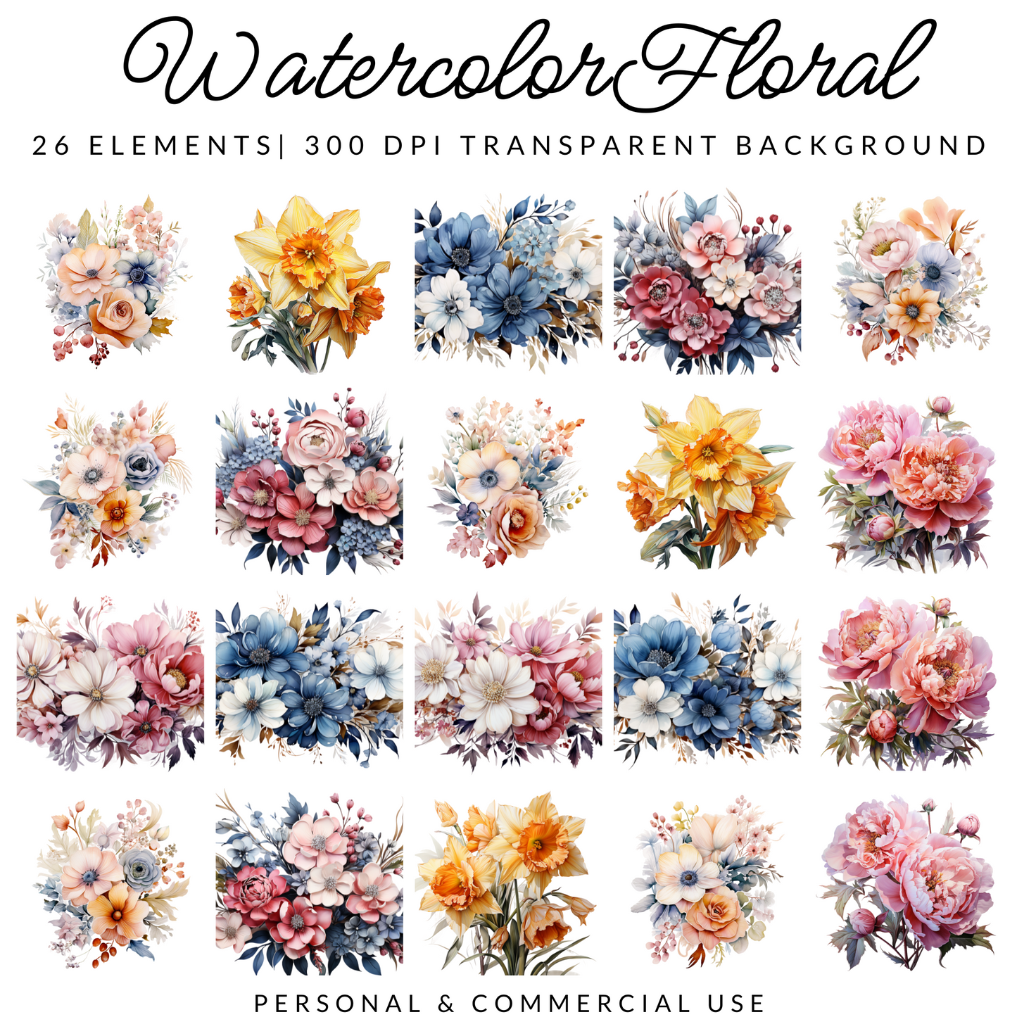 Watercolor Floral Clipart | 26 PNG Images | 300 DPI Transparent Background | Hand-Painted Flowers & Leaves for Wedding Invitations, Sublimation & Crafts