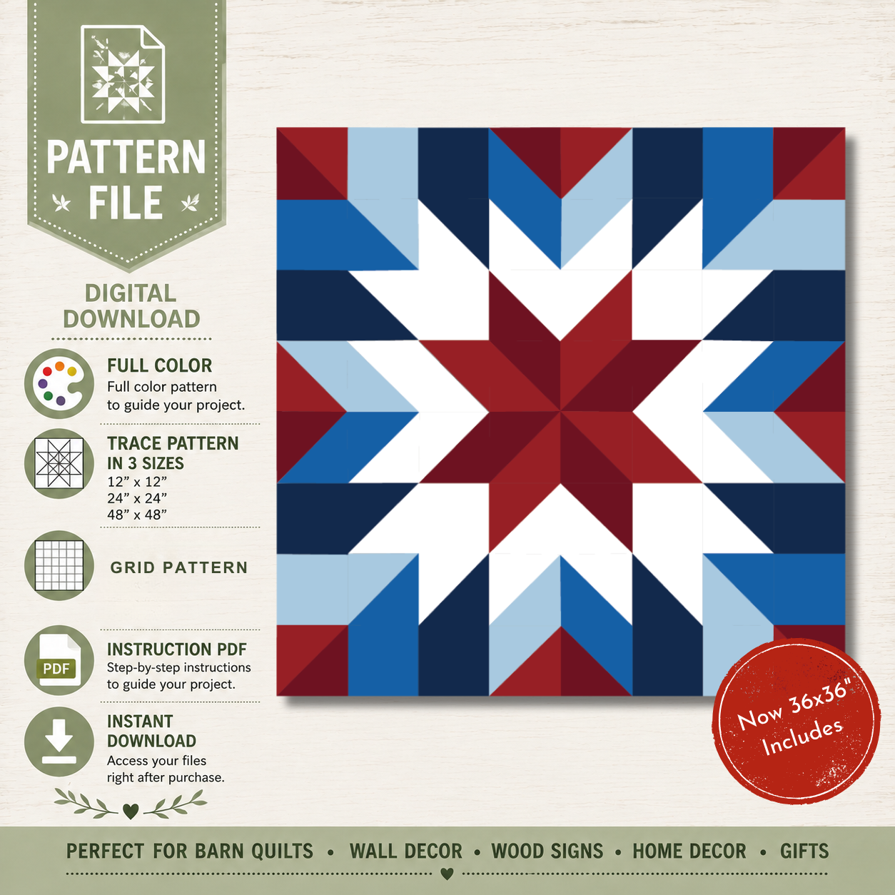 American Heritage patriotic barn quilt pattern featuring a geometric red white and blue star design for DIY painted barn quilts, Americana wall decor, farmhouse signs and patriotic home decor.