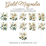 Gold Magnolia Floral clipart, White Flowers PNG Set, Wedding Invitation clip art, Magnolia Glam Garden Bridal Shower Sublimation Bundle